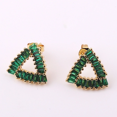 Boucles D'oreilles Puces Triangle Cuivre Plaqué Or Zircon Vert Émeraude Micro Incrustation Bijoux Géométriques Femmes
