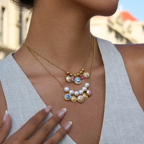 18K Gold Plated Stainless Steel Layered Necklace With Enamel Sunflower Charms And Artificial Pearls Waterproof Romantic Women Jewelry