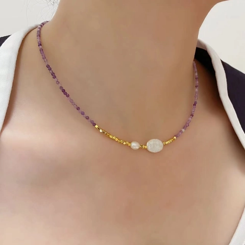 Niche Ontwerp Toermalijn Steen Zoetwaterparel Halsketting Voor Dames Handgeweven Barokke Parel Kralen Sleutelbeenhalsketting 18K Verguld Messing Sieraden