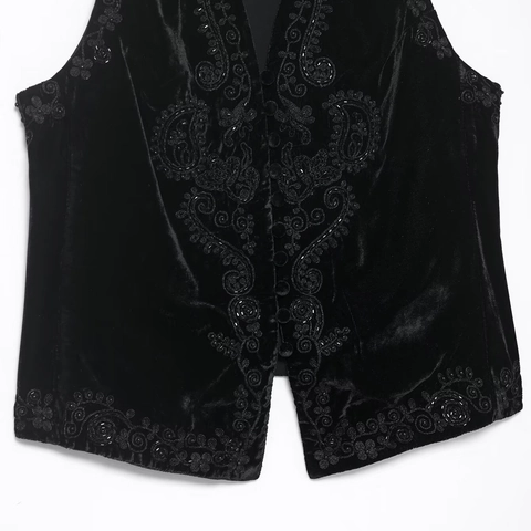 Dames Fluwelen Vest Etnisch Geborduurd Met Kralen Gilet V-Hals Retro Mouwloze Cardigan Top