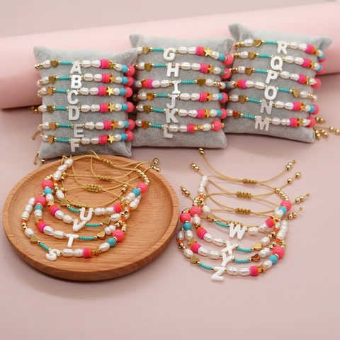 Pulsera Letra Inicial Imitación Perla Artificial Concha Cuentas Aleación Corazón Estrella Dije Bohemia Ajustable Hecha A Mano