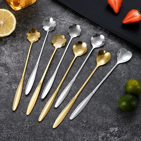 Edelstahl Blumen Kaffeelöffel Herzform Rose Kirschblüte Dessert Rührlöffel Gabel Langer Griff Gold Silber