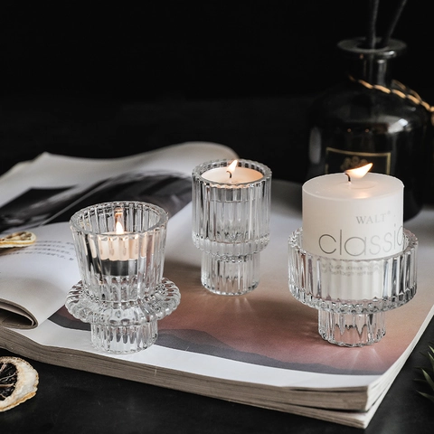 Glass Candle Holder Double Head Ribbed Vertical Stripe Candlestick For Taper Pillar Tealight Nordic Vintage Table Decor