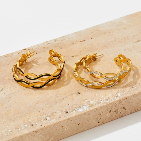 Edelstahl Creolen Für Damen Vergoldet C-Form Gewebt Geometrisch Strass Eingelegt Twist Ohrstecker Schmuck