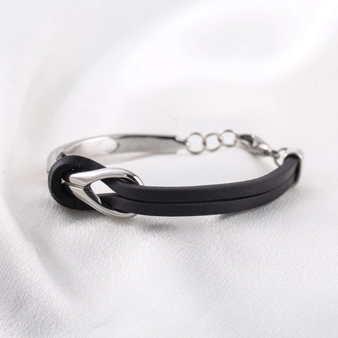Bracelet Homme Nœud Infini Acier Inoxydable Cuir PU Noir Bijou Géométrique Mode Ajustable Fermoir Mousqueton