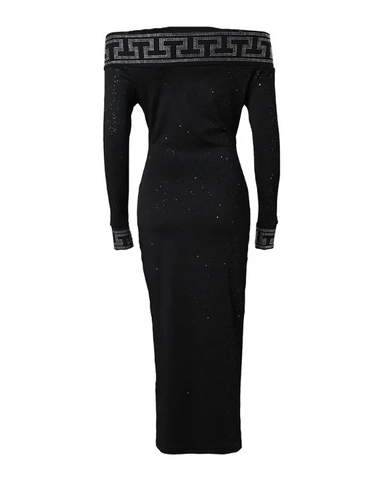 Off Shoulder Midi Dress Long Sleeve Bodycon Sequin Glitter Elegant Slim Fit Party Clubwear Geometric Greek Fret Trim