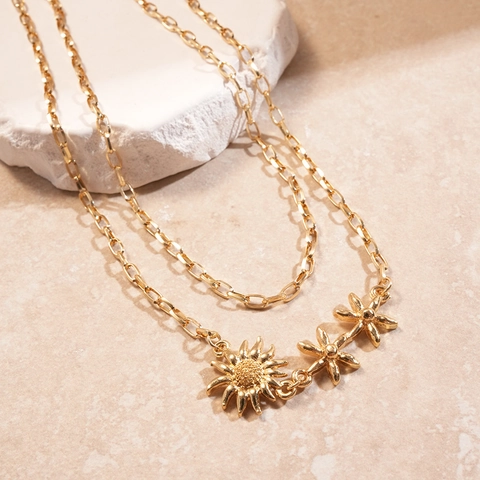 Collana A Doppio Strato In Lega Ciondoli Girasole Sole Stella Dorata Gioielli Di Moda Eleganti Per Donna Stile Boho Vintage