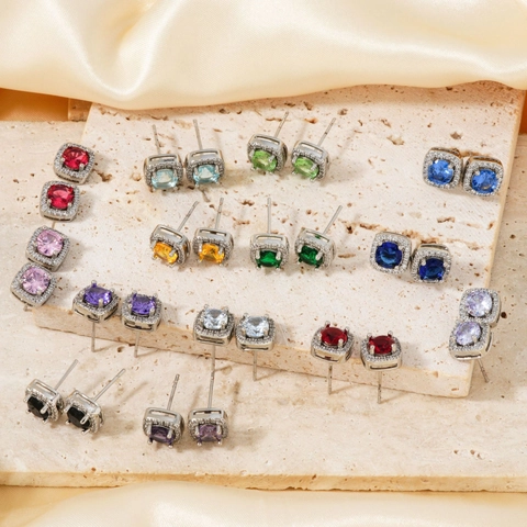 Square Halo Stud Earrings Colorful Cubic Zirconia Copper Fashion Jewelry For Women With Copper Earring Post