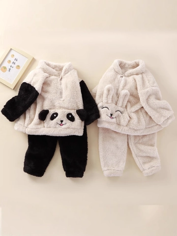Pigiama In Pile Per Neonati Con Animali Cartone Animato Vestaglia In Flanella Calda Top Pullover E Pantaloni Completo Invernale