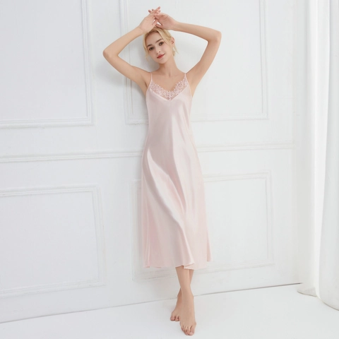 Satin Nightgown Women Lace V Neck Spaghetti Strap Long Sleepwear Elegant Lingerie Slip Dress