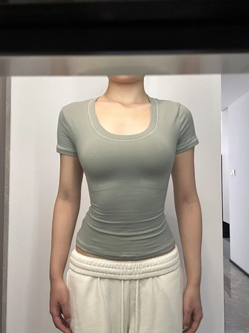 Women Cotton Spandex U Neck Slim Fit Short Sleeve T Shirt Solid Color American Style Casual Top