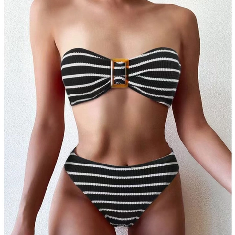 Bikini Para Mujer Top Bandeau Y Braga Traje De Baño Rayas Smocked Seersucker Con Hebilla Resina Corte Alto