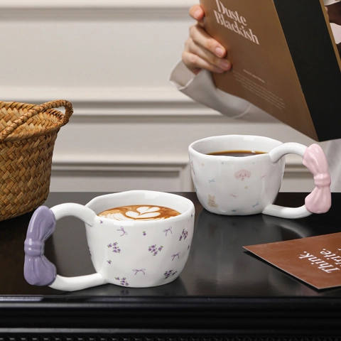 Tazza In Ceramica Creativa Con Manico A Fiocco Scolpito Grande Orecchio Cartoni Animati Per Caffè Tè Regalo