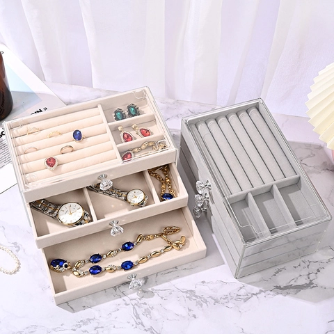 Layered Jewelry Organizer Box Transparent Acrylic Exterior Velvet Lining For Earring Ring Necklace Watch Desktop