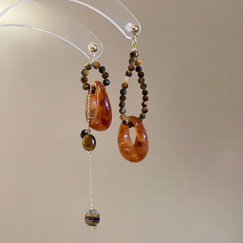 Asymmetrische Hängeohrringe Harz Tigerauge Stein Goldener Legierung Mit Silver Earring Post Retro Geometrisch Für Damen