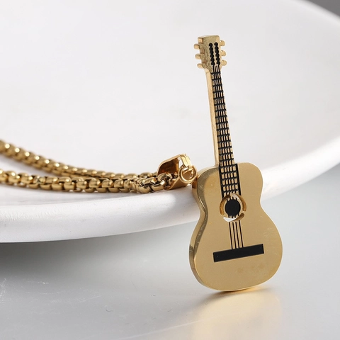 Collier Pendentif Guitare Acier Inoxydable Croix Religieuse Instrument De Musique Bijoux Hip Hop Punk Pour Hommes Femmes Cadeau