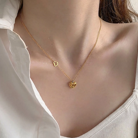 Titanium Steel Heart Pendant Necklace For Women Minimalist Gold Electroplated Double Heart Elegant Jewelry Daily Commuter Gift