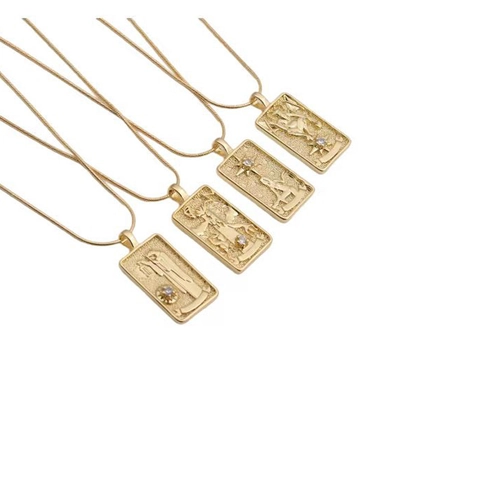 Tarot Card Necklace Vintage Copper Zircon Rectangular Pendant Gold Plated Snake Chain Jewelry For Women
