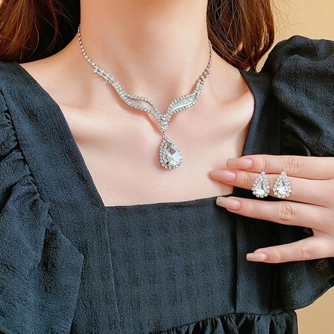 Collana E Orecchini Con Strass A Goccia D'acqua Gioielli In Rame Ciondolo A Forma Di Pera Lusso Francese Vintage Donna