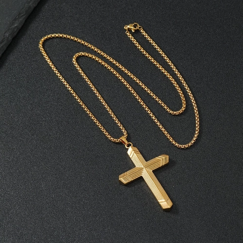 Collar Con Colgante De Cruz Vintage Acero Inoxidable Textura Rayada Joyería Retro Para Hombres Mujeres Oro Negro Plata