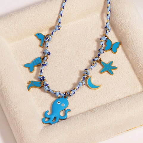 Gevlochten Touw Ketting Verguld Titanium Staal Oceaan Octopus Zeester Emaille Hangers Casual Zomer Sieraden