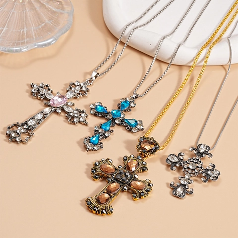 Collana Con Ciondolo A Croce Barocca Lega Strass Cristallo Gioielli Esagerati Vintage Per Donna