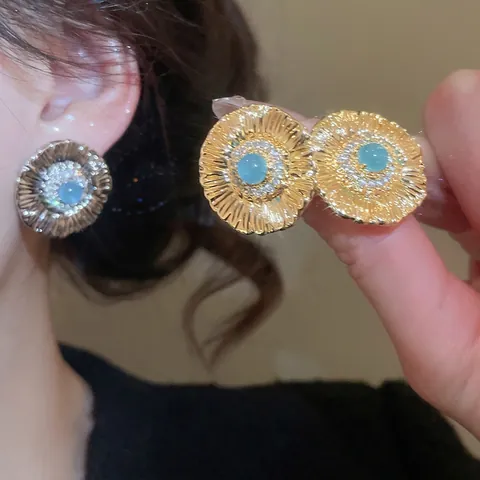 Vintage Sonnenblumen Ohrstecker Kupfer Türkis Zirkonia Französischer Stil Damen Mit 925 Sterling Silber Ohrringstecker