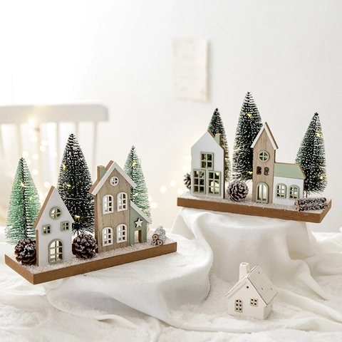 Navidad Casa De Madera Adorno Brillante Miniatura Cedro Árbol Piña Candelabro De Vidrio Decoración De Mesa Cálido Festivo
