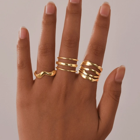 Wave Open Ring Stainless Steel Multi Layer Hammered Texture Minimalist Jewelry For Women Adjustable Statement Band