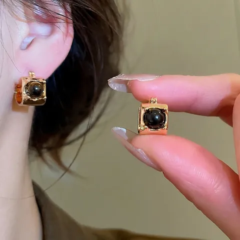 Vintage Tiger Eye Stone Hoop Earrings Gold Plated Copper With Silver Earring Post For Women Retro Luxury
