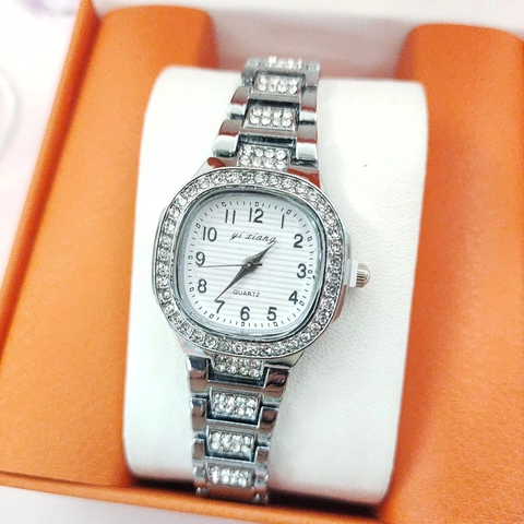 Women's Fashion Quartz Watch With Full Rhinestone Square Dial Alloy Steel Band Luxury Ladies Dress Wristwatch Analog Clock