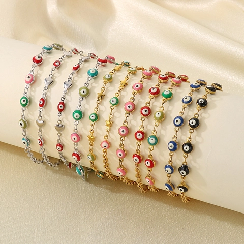 Evil Eye Anklet For Women Stainless Steel Resin Colorful Beads Boho Summer Beach Jewelry 18K Gold Plated Star Charm