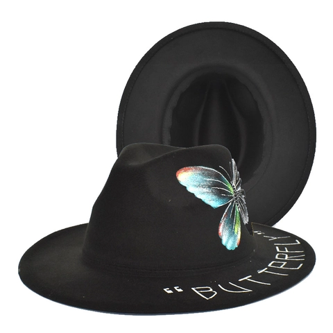 Artistic Hand Painted Butterfly Fedora Hat For Women Men Woolen Felt Wide Brim Jazz Hat Graffiti Streetwear Style Sun Hat