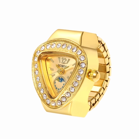 Triangle Dial Ring Watch Alloy Stainless Steel Elastic Band Rhinestones Quartz Finger Watch For Men Women Jewelry