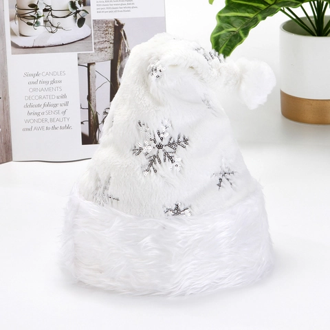 Chapeau De Noël Peluche Blanche Fausse Fourrure Broderie Paillettes Flocon De Neige Décor Festival Adulte