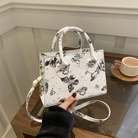 Women High Quality Printed Butterfly Handbag PU Leather Small Square Crossbody Shoulder Bag For Daily Commute