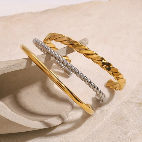 Bracciale Rigido Aperto In Acciaio Inossidabile Per Donna Placcato Oro 18K Corda Intrecciata Gioielli Minimalisti Lucidati