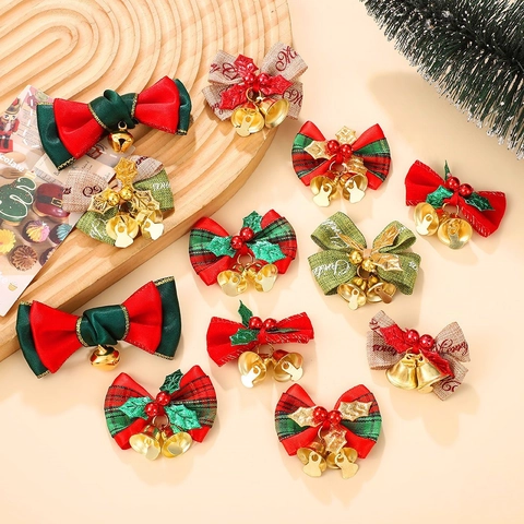 Fiocchi Di Natale Con Campanellini Nastro In Lino Plaid Foglie Di Agrifoglio Bacche Decorazioni Appese Per Albero Di Natale
