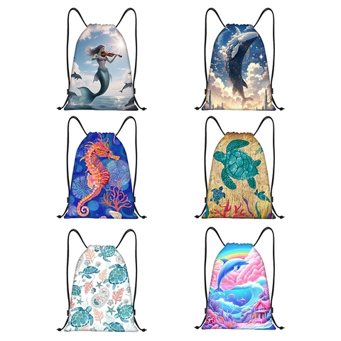 Drawstring Backpack Oxford Cloth Ocean Theme Sea Turtle Whale Print Sports Gym Sackpack Travel Cycling Beach Storage