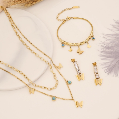 Gioielli Farfalla Malocchio Acciaio Inossidabile Collana Multistrato Bracciale E Orecchini Eleganti Accenti In Zircone Donna