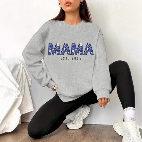 Mama Est 2025 Hoodie Women Polyester Fleece Lined Long Sleeve Floral Letter Print Casual Loose Pullover Sweatshirt