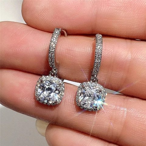 Kissen Schliff Quadratischer Zirkon Halo Creolen Ohrhänger Elegante Kupfer Weißgold Vergoldet Schmuck Damen Luxus