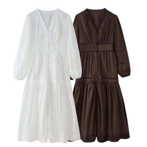 Lace Hollow Out Maxi Dress Long Sleeve V Neck Button Front Polyester Bohemian Vacation Elegant For Women