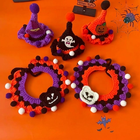 Pet Halloween Collar Hat Handmade Crochet Cotton Knitted Pumpkin Ghost Spider Decorative Accessories For Cats Small Dogs