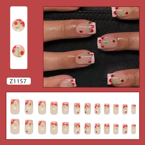Press On Nails French Tip Sweet Pink Heart Cherry Design With Red Rhinestones Square Shape Detachable Fake Nails For Women