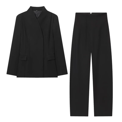 Completo Blazer E Pantaloni Da Donna Twill Poliestere Vestibilità Aderente Vita Alta Gamba Larga Ufficio Professionale Chic