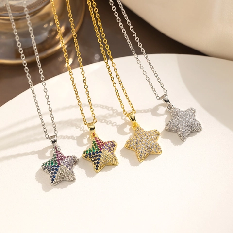 Stern Anhänger Halskette Edelstahl Vergoldet Mit Strass Eingelegte Pentagramm Schmuck Für Damen Elegant Trendiger Stil