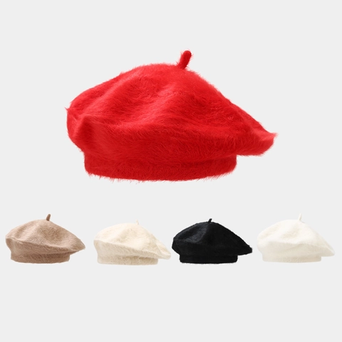 Boina De Punto De Piel De Conejo De Angora De Peluche Cálido Invierno Color Sólido Vintage Pintor Gorra Para Mujer Moda