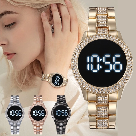 Fashion Alloy Rhinestone Digital Watch Round Dial LED Electronic Watch With Metal Strap Casual Jewelry Watch For Men Women