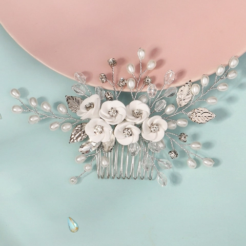 Bridal Hair Comb Handmade White Polymer Clay Flower Faux Artificial Pearl Crystal Silver Leaf Wedding Headpiece For Women